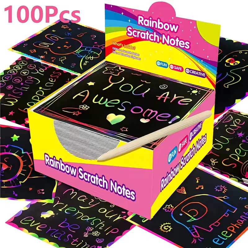 100 Rainbow Scratch Cards Art Set, Hidden Designs, Vibrant Colors, Fun Craft Kit, Perfect for Parties, Birthdays, Decorations, Halloween, Christmas Gifts
