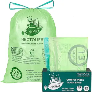 13 Gallon 50 Count Compostable Trash Bags with Drawstring Tear Resistant Kitchen Food Scrap Waste Bag ASTM D6400 US BPI and Europe OK Compost Home Certified