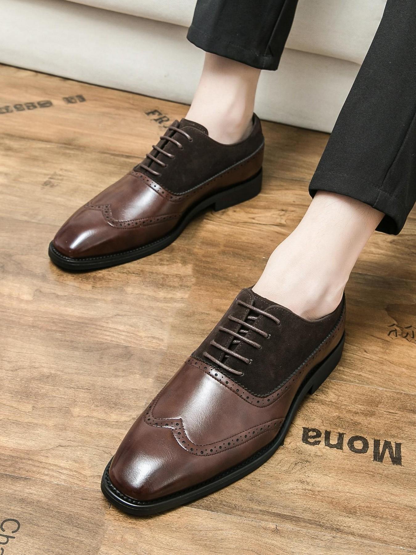 Men's Business Formal Lace Up Patchwork Design Dress Shoes, Fashionable Retro Style Shoes for Work Office, Male All-match Shoes for Daily Wear