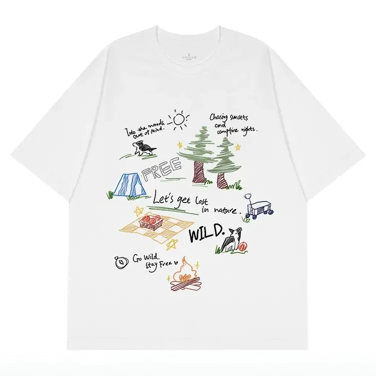 Designer Hand-Drawn Camping Graphic T-Shirt, Unisex Oversized Crew Neck Short Sleeve Casual Tee