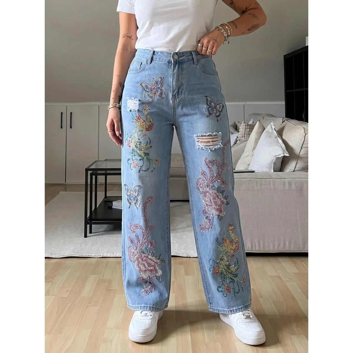 TCH - K Y2K Blinged Out Wide Leg Denim | Rhinestone Butterfly & Floral Embroidery Streetwear