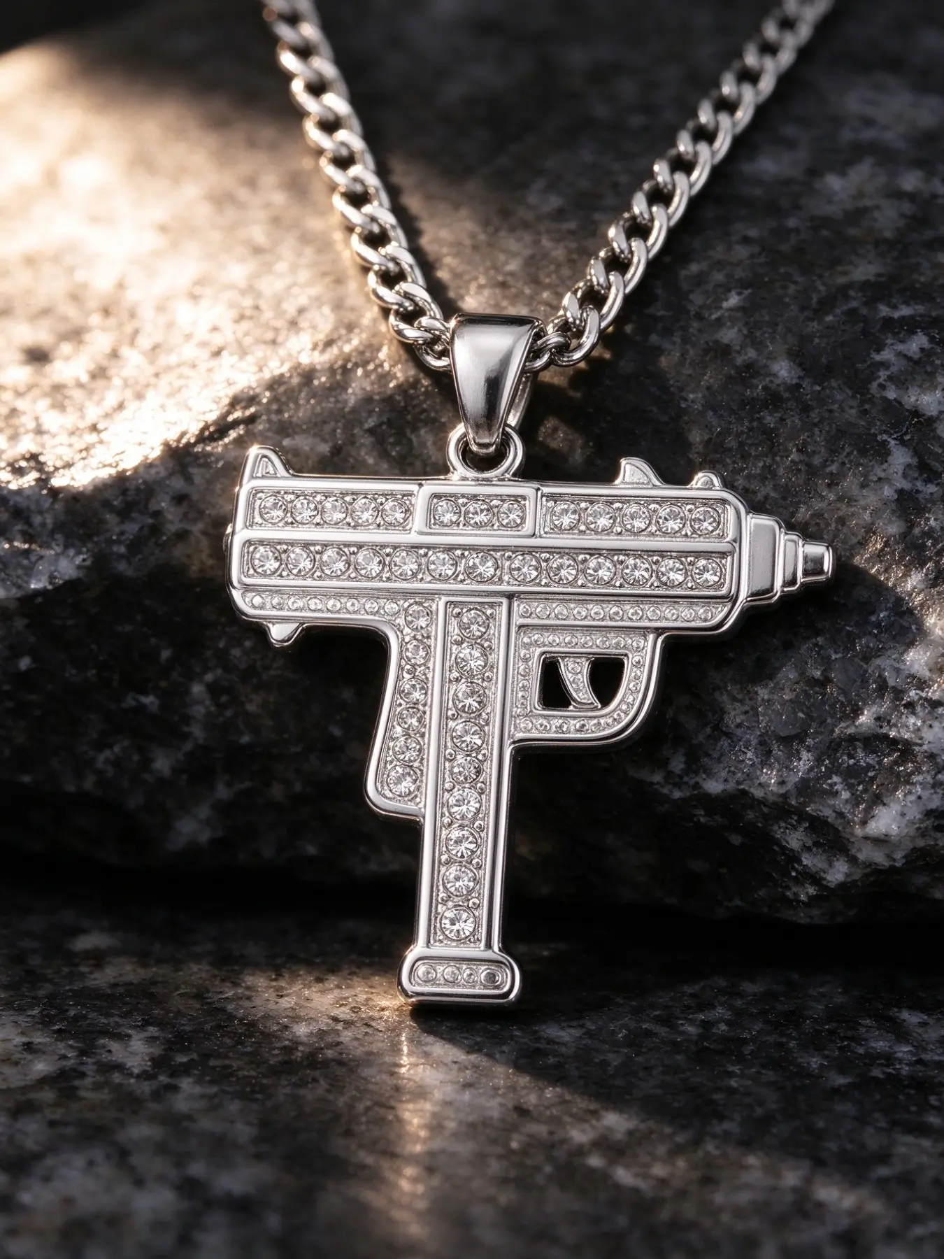 Men's Uzi Gun Pendant Cuban Link Necklace, Stainless Steel Hip Hop Bling Cuban Chain, Tactical Jewelry Gift for Birthday Party Festival