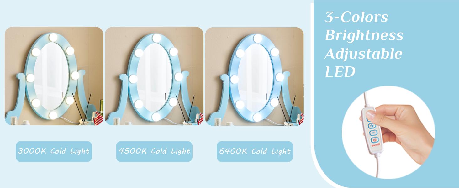 Karlhome Kids Vanity Table and Chair Set, Princess MDF Dressing Table with 3-Color LED Lighted Mirror and 3 Drawers, Lovely Waved Design for Toddler's Bedroom and Playroom Decor, Macaroon