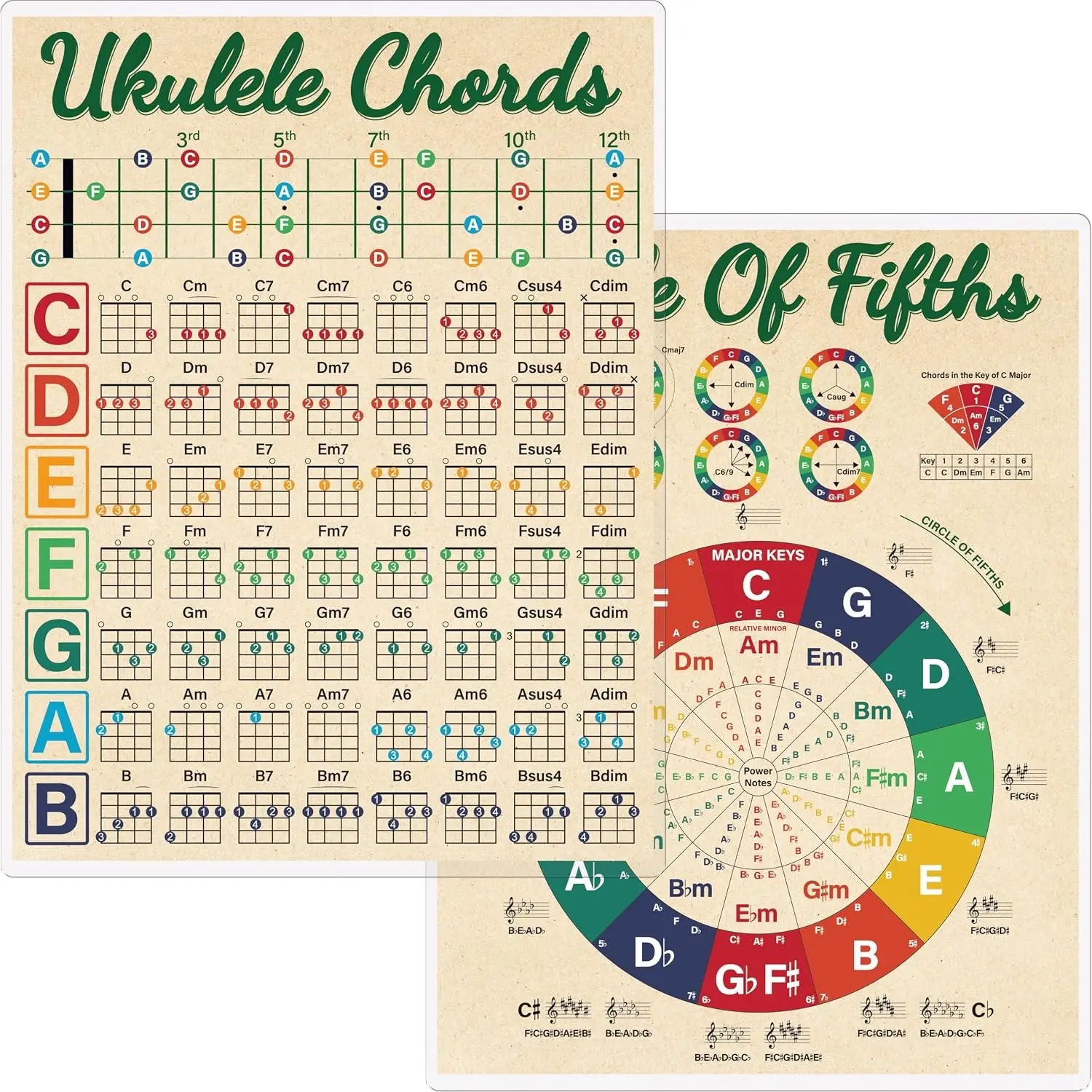 Ukulele Chords Cheat Sheet, Double Side Laminated Chord Chart Poster for Beginner, Ukulele Scales Circle of Fifths Wheel Chart for Music Theory (A4 Size, 8.5” x 11”)