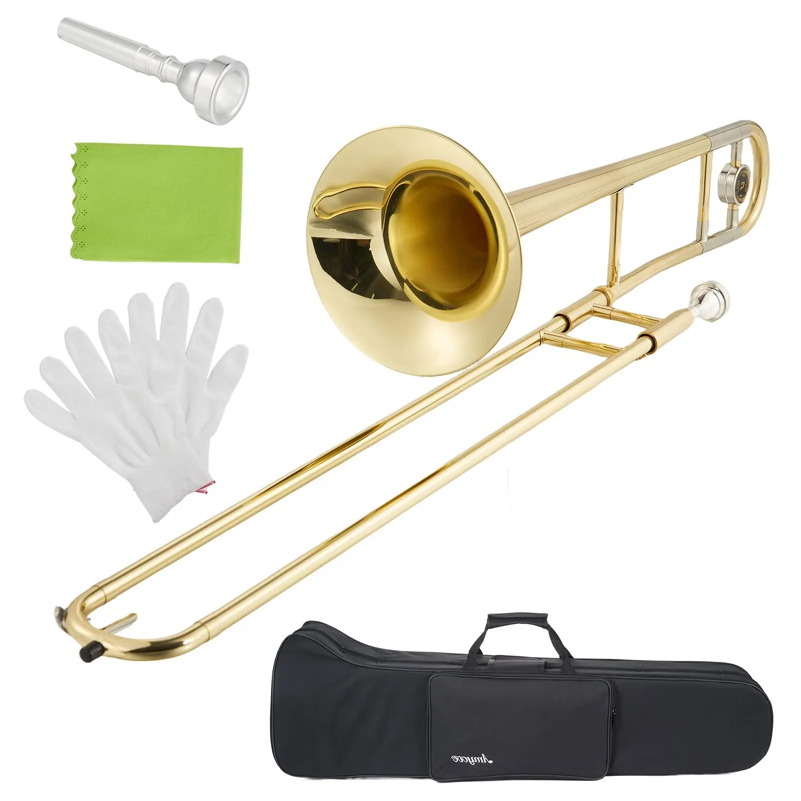 Bb Flat Alto Trombone, Gold Lacquer Brass Wind Instrument Beginner Set for Unisex Music Learning, Complete Instrument Pack with Mouthpiece, Carrying Case, Cleaning Cloth, Gloves, Cleaning Rod for School Use