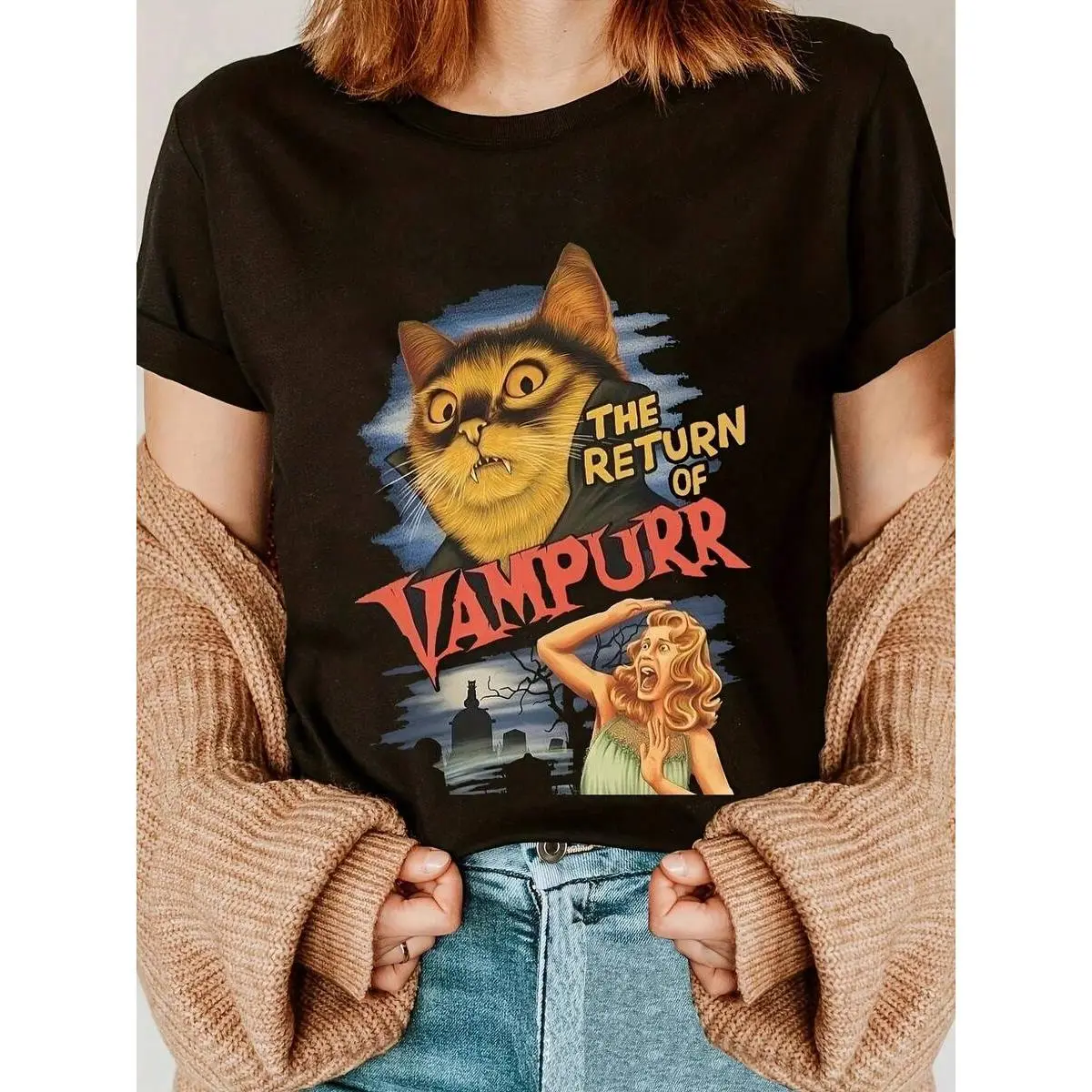Women's Vintage Cat Print T-Shirt "The Return Of Vampire" Retro Design Casual Crew Neck Short Sleeve Women Summer Clothing