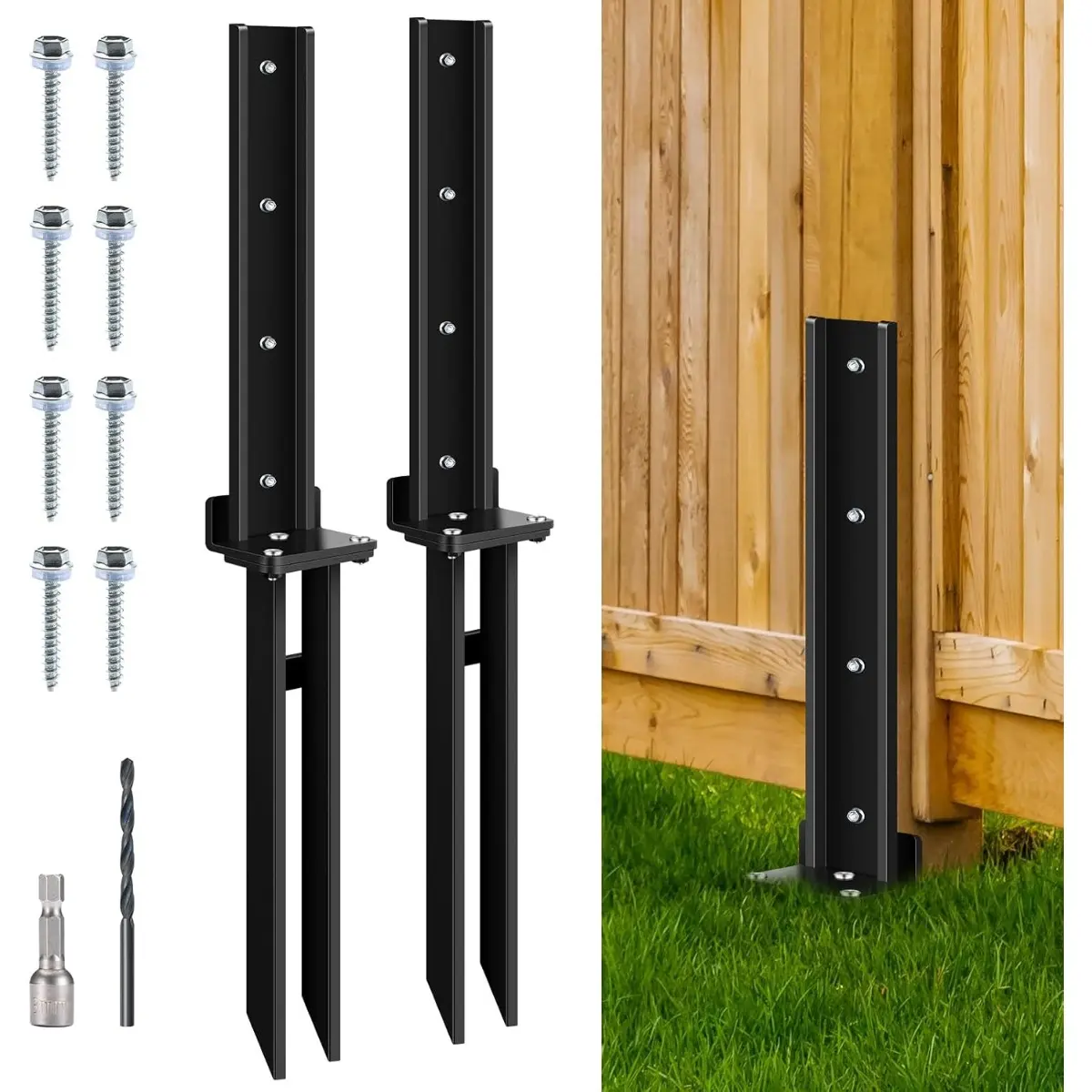 2-Pack Heavy Duty Fence Post Anchor Kit - Steel Repair Stakes & Ground Spikes for Fixing Tilted or Broken Wooden Fence Posts, Rust-Resistant Post Support Anchors for Yard, Garden, Farm & Outdoor Use, Black