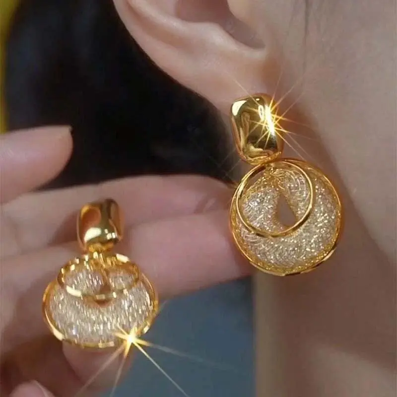 Gold Tone Exaggerated Statement Earrings for Women, Chunky Metallic Vintage Geometric Double-Dangling Ear Accents, Chunky Metallic Earrings, Double-Dangling Earrings