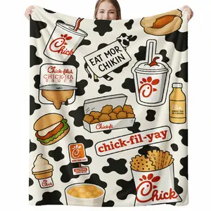 1Pc Chick Fil A Themed Flannel Blanket | Lightweight Durable Acrylic Throw With Iconic Menu Print, Chicken Nuggets, Fries, Milkshakes, All Season Bedspread, Couch Cover, Ideal Gift For Fans, 280GSM