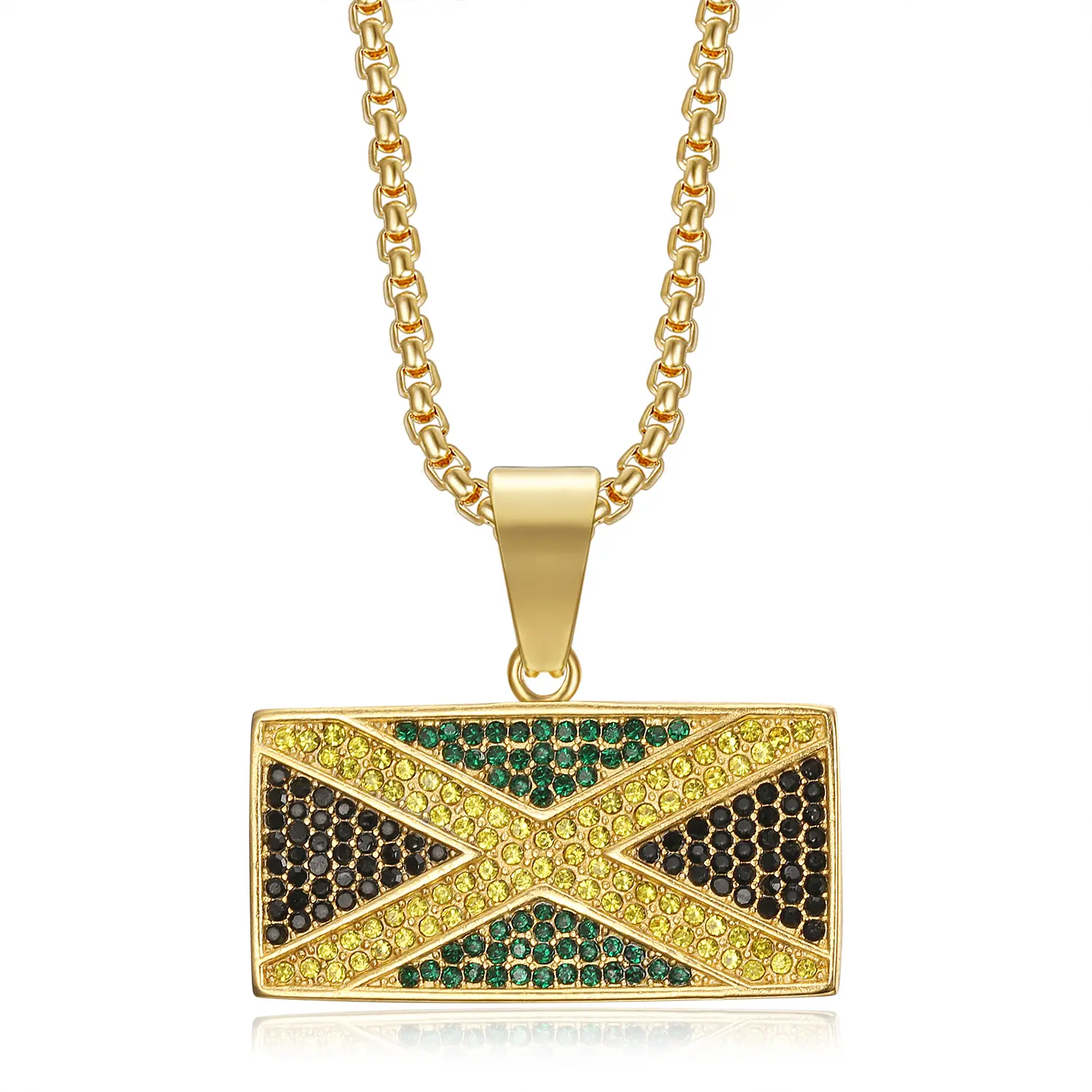 18K Gold Plated Jamaica Flag Pendant Punk Rock Stainless Steel Necklace, 24 Inch Chain Hip Hop Jewelry Gift for Men Women