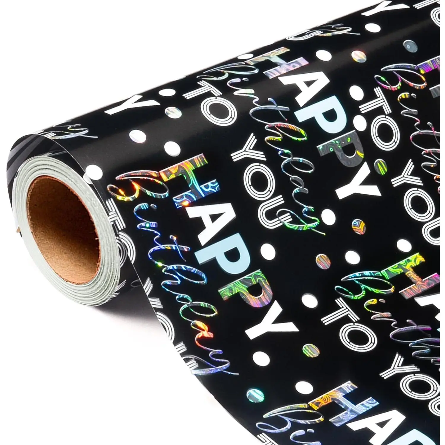 Birthday Wrapping Paper Roll, Black Metallic Holographic  Wrap | Happy Birthday Wrapping Paper, Reversible Stripe  Wrap Paper for Girls Boys  Men, 17 Inches x 16.5
