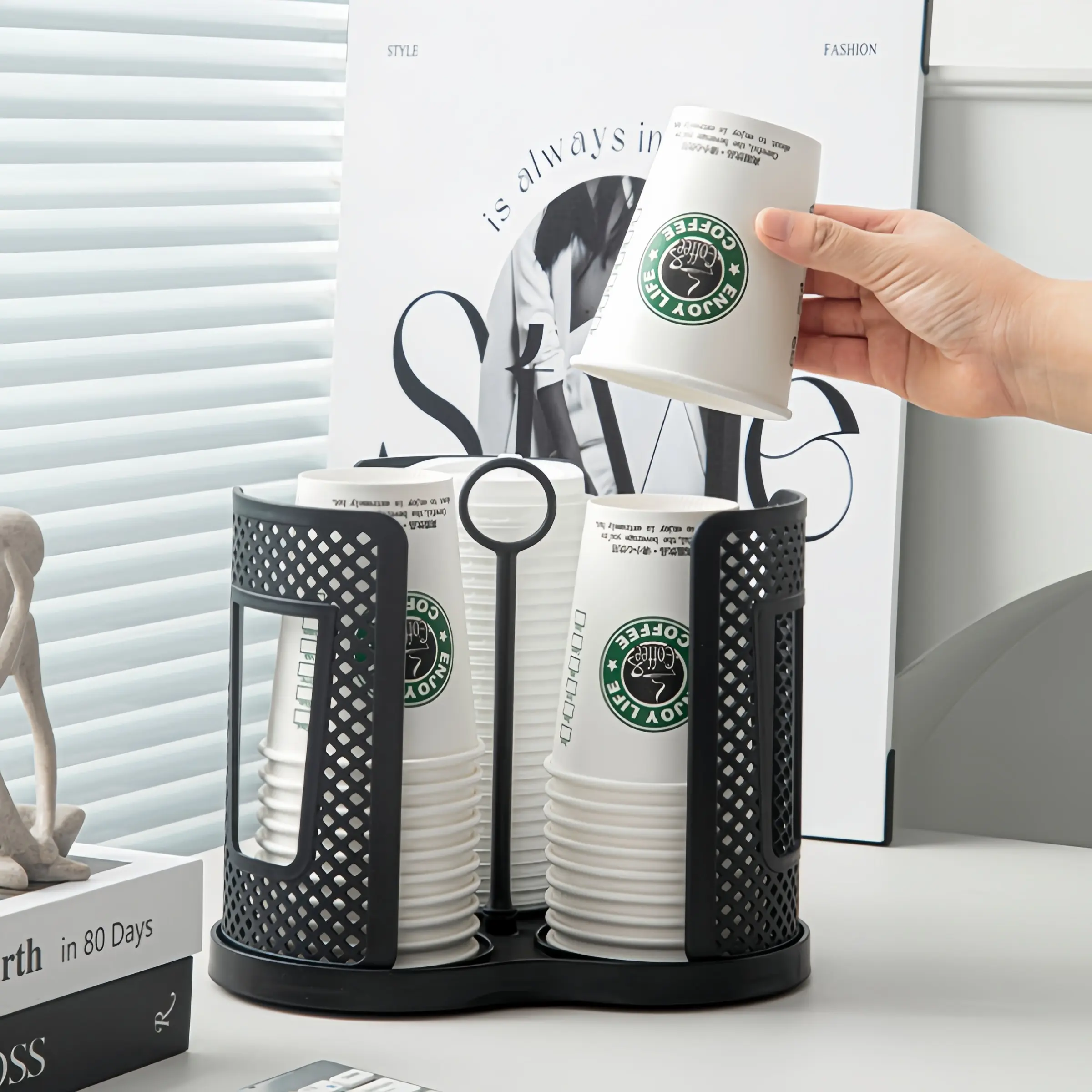 Rotatable Disposable Cup Holder Rack Tray, Rotating Design Countertop Home Coffee Cup Organizer, Multi-Functional Large Capacity Durable Material