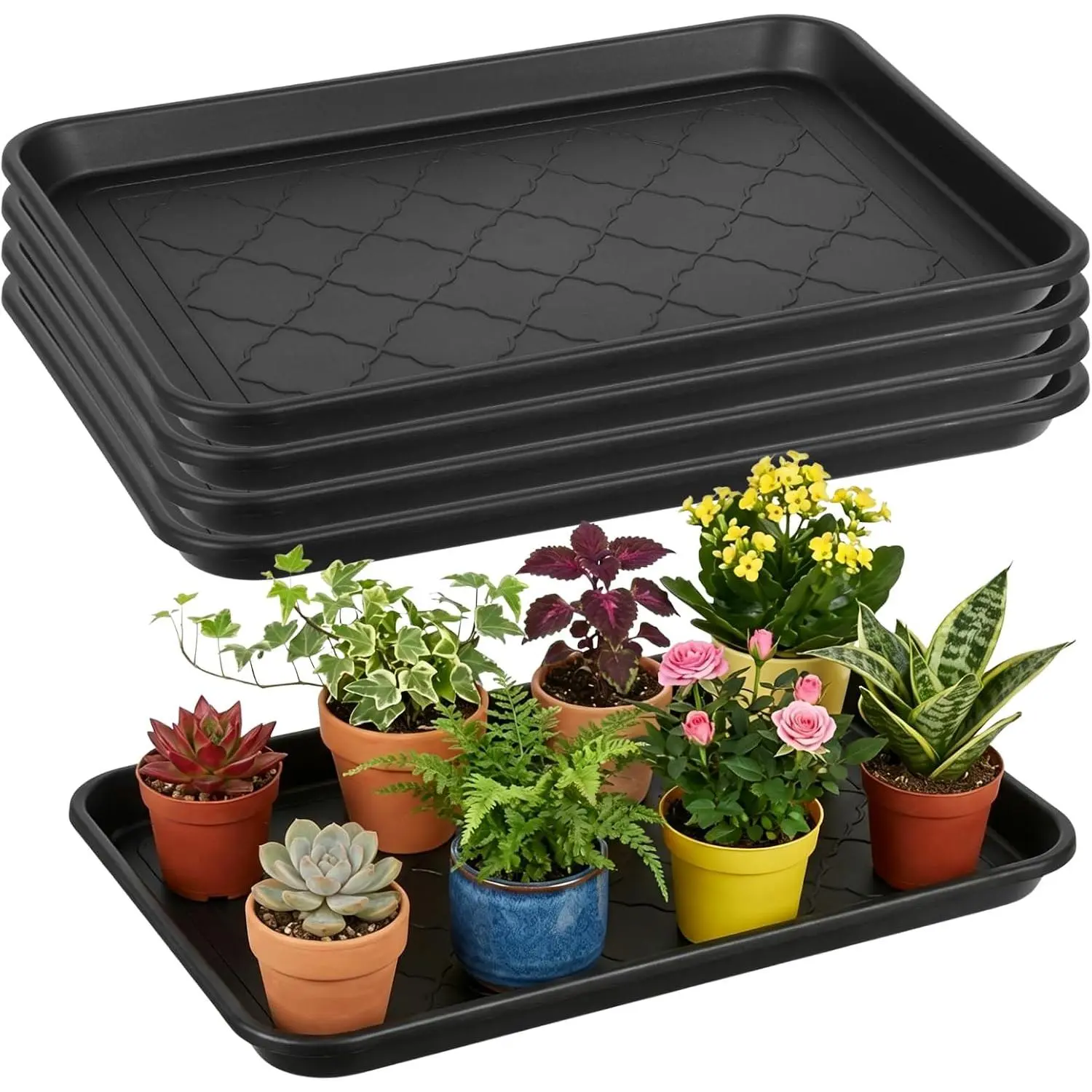 4 Pack  Potting Trays, Plastic Seedling Starter Tray with No Drain Holes  Easy Watering Flat Garden  Growing Tray for Planting Indoor Greenhouse Germination