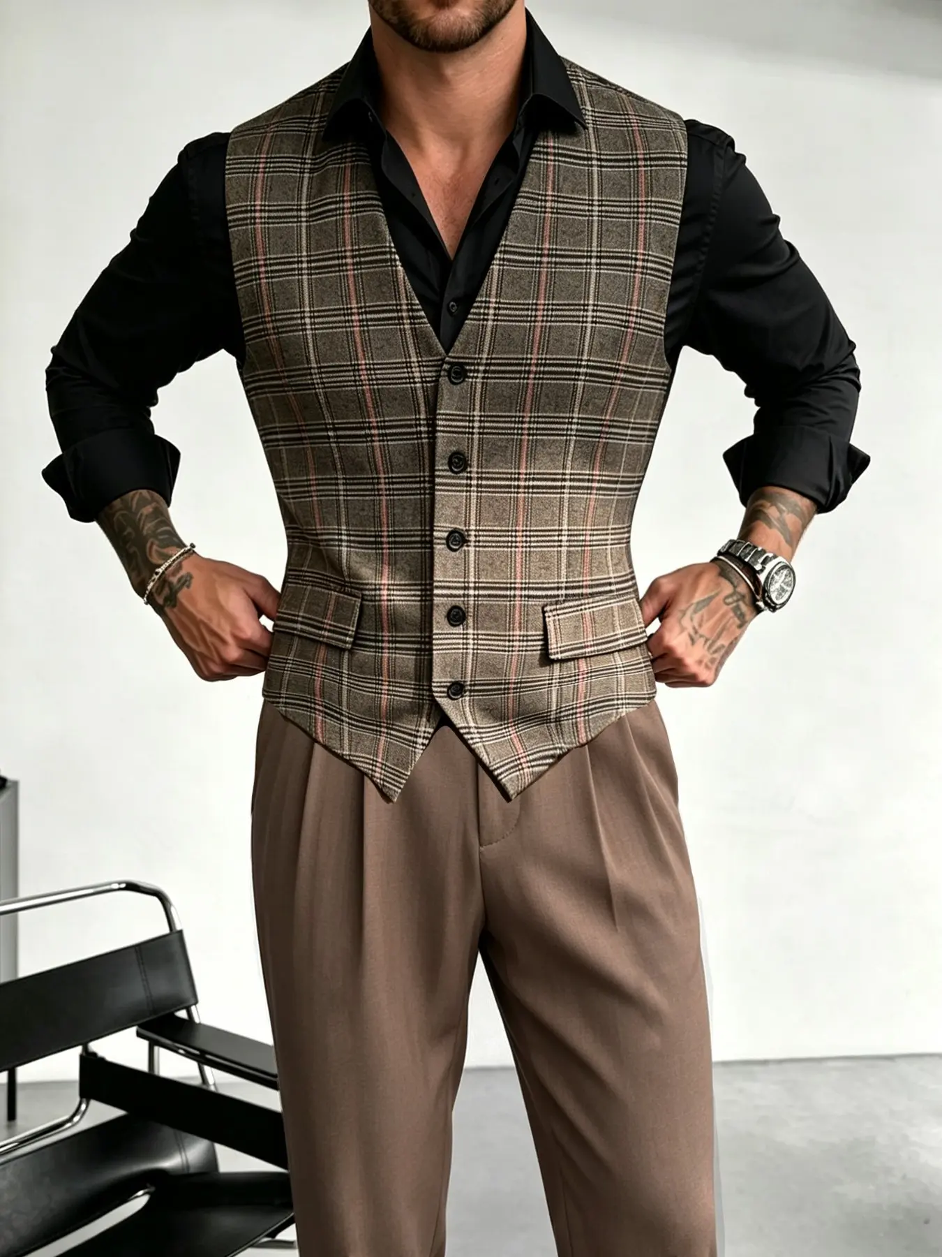Men's Fashion Casual Tartan Plaid Blazer Vest and Pleated Retro Pants Set, Vintage Business Style Suit, All Seasons Wear