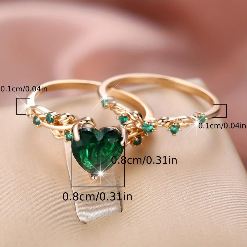 2-Piece Red Green Zirconia Inlaid Copper Band Rings Elegant Stackable Heart Puzzle Couple Rings for Wedding Engagement Matching Jewelry