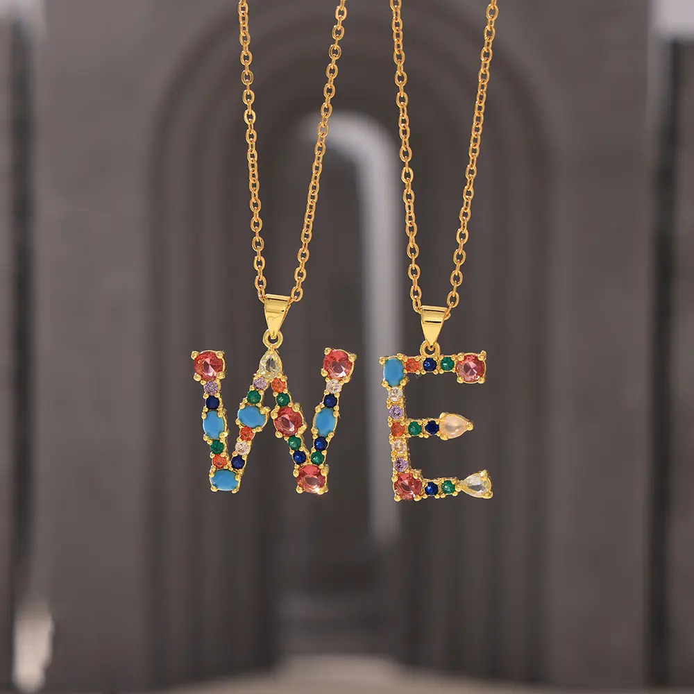 18K Gold Plated Initial Pendant Necklace, Vibrant Multi-Color Cubic Zirconia Letter A-Z Script Name Custom Pendant Necklace Trendy Alphabet 26 A-Z Choker Birthday Anniversary Gifts
