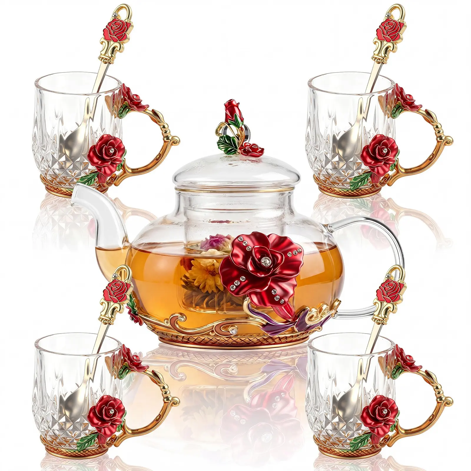 5pcs Floral Glass Tea Set, Vintage Teapot with Infuser, Cups And Spoons, Portable Tea Party Kit Gift for Women