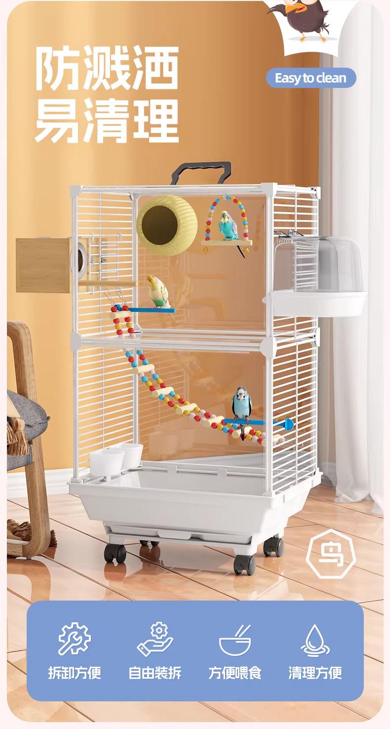 New Transparent Villa Bird Cage Double Layer Large Size Anti-Splash Horizontal Wire Special for Parakeet Cockatiel Budgie Parrot with Pet Toy Accessories