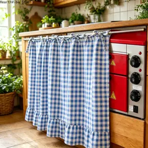 【SummerWins】2026 Farmhouse Style Oven Cabinet Curtain, Gingham Grid Pattern with Ruffle Edge Tier Curtains, Rural Short Window Valance Cafe Dust Cover, Home Kitchen Decor Use