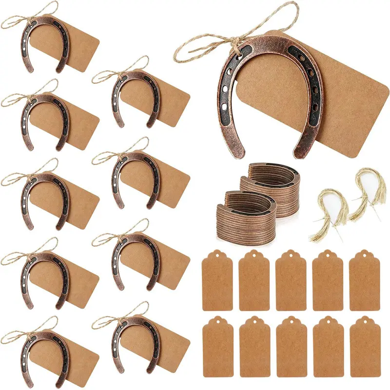 Good Lucky Horse Shoes with Kraft Tag, Metal Mini Craft Horseshoes Decorations for Rustic Vintage Wedding Party Decor Western Party Decorations