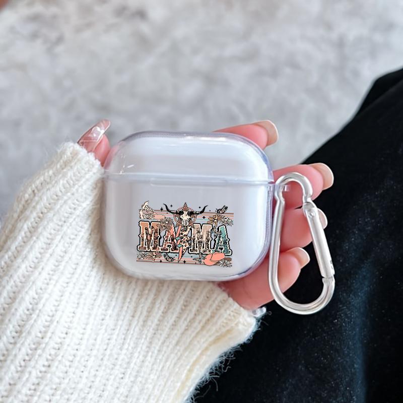 Cowboy Mama Art Pattern TPU Soft Protective Case for Apple AirPods 4/3/2/1/Pro/Pro2 Transparent Earphone Cover with Keychain Attachment