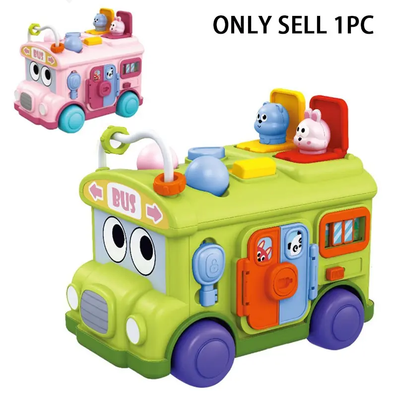 1-PC Montessori Children's Educational Cartoon Bus, Enlightening Busy Multi-Side Activity Cube, Multifunctional 6-in-1 Educational Vehicle with Rotating Patterns and Key-Activated Door Opening, Educational Toy for Boys and Girls Ages 10–36 Months.