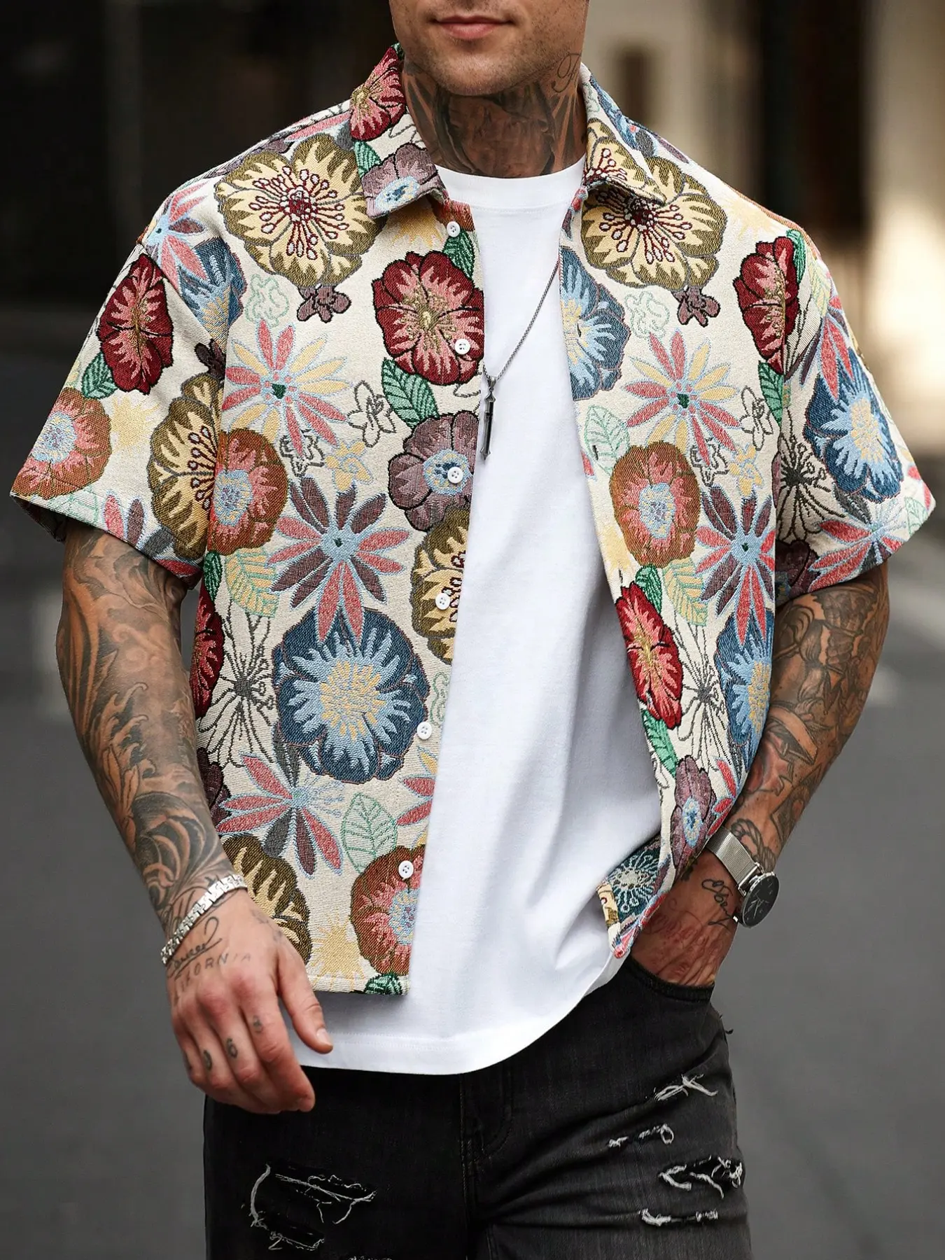 Men's Color-Woven Jacquard Shirt Long Pants Set, Spring Summer, Family Gathering and Daily Wear, Casual Fashion