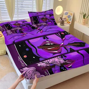 Purple Galaxy Sexy Woman Lips Cigar Fitted Sheet Set, 1 Fitted Sheet + 2 Pillowcases, Deep Pocket Non-Slip Mattress Protector, Soft Breathable Sheets All Season Bedding, Pop Art Cosmic Lady Printed Bedding Set For Trendy Ladies Bedroom Decor