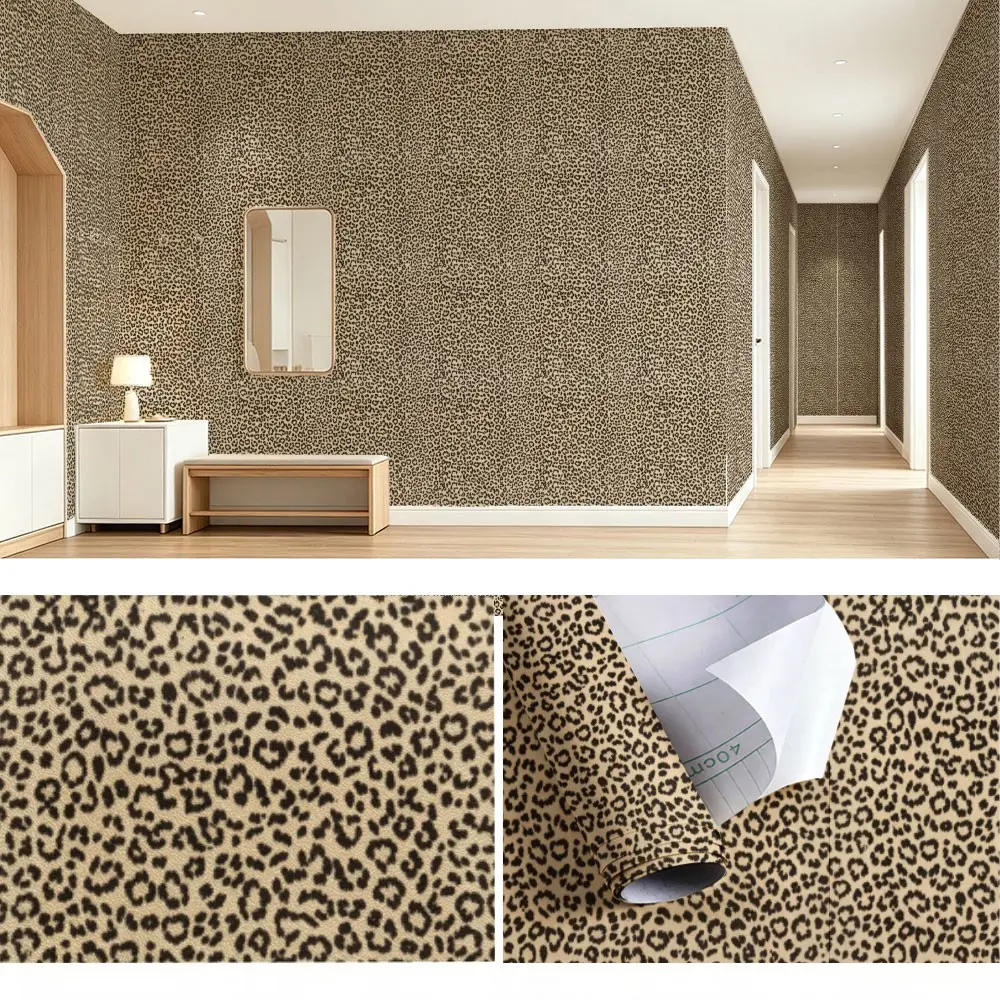 1 roll of retro coffee leopard print self-adhesive wallpaper, fashionable animal print wallpaper, washable waterproof bedroom background wall decoration wall sticker