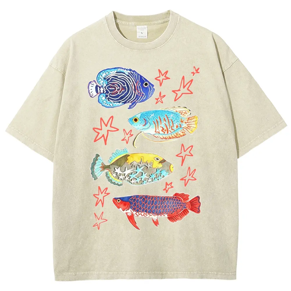 Hand Drawn Vibrant Tropical Reef Fish, Four Multi-Species Aquatic Creatures Unisex Graphict Washed T-Shirt Personalized Pattern Y2k Clothing Round Neck Washed T-Shirt,Women's Clothing 100% Cotton, Menswear, Top, Vintage Style,Summer Casual Oversized
