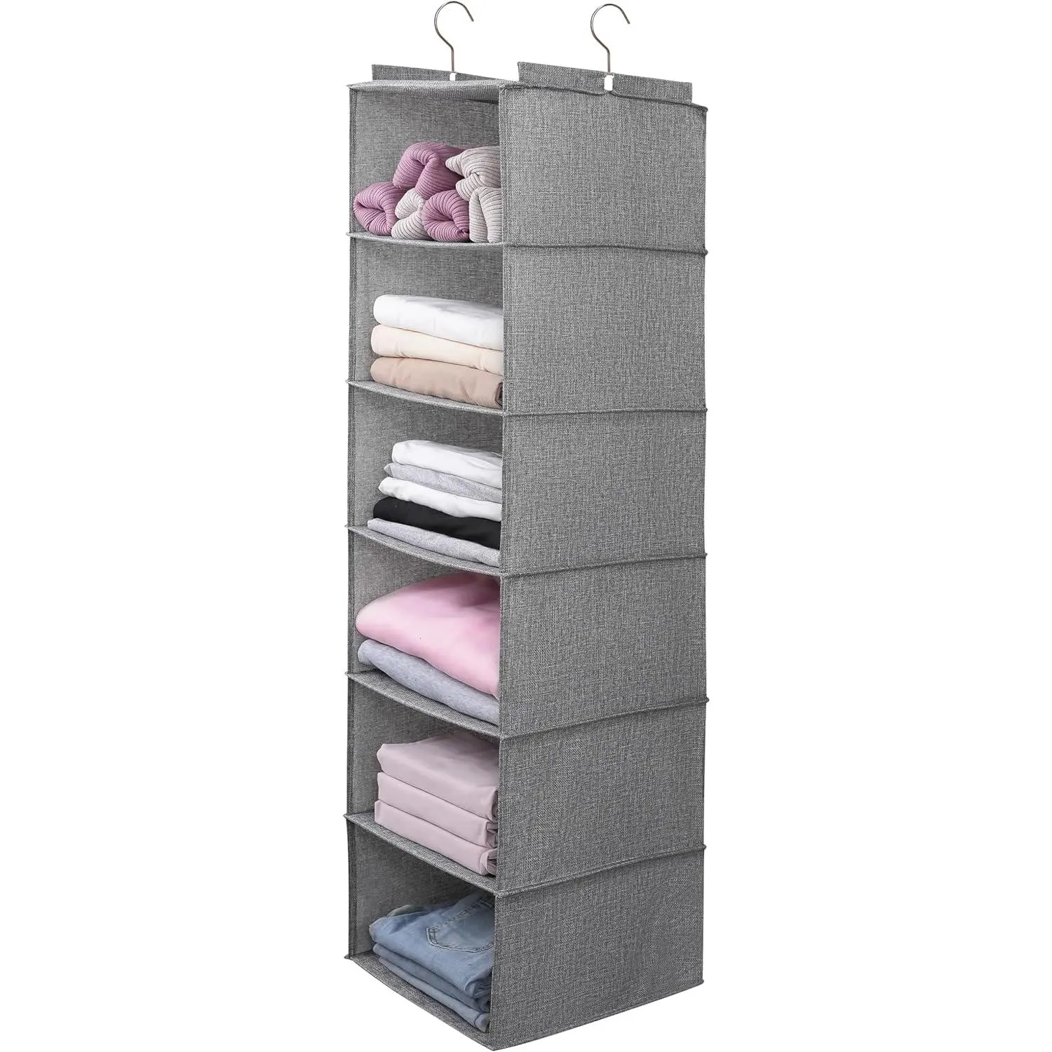 Washable Cloth 6-Shelf Foldable Hangable Sweater Organizer with Drawers - Closet Organization Solution, Enlarged Wardrobe Hangings for Clothes, Clutter-Free and Organized Closet (Grey)
