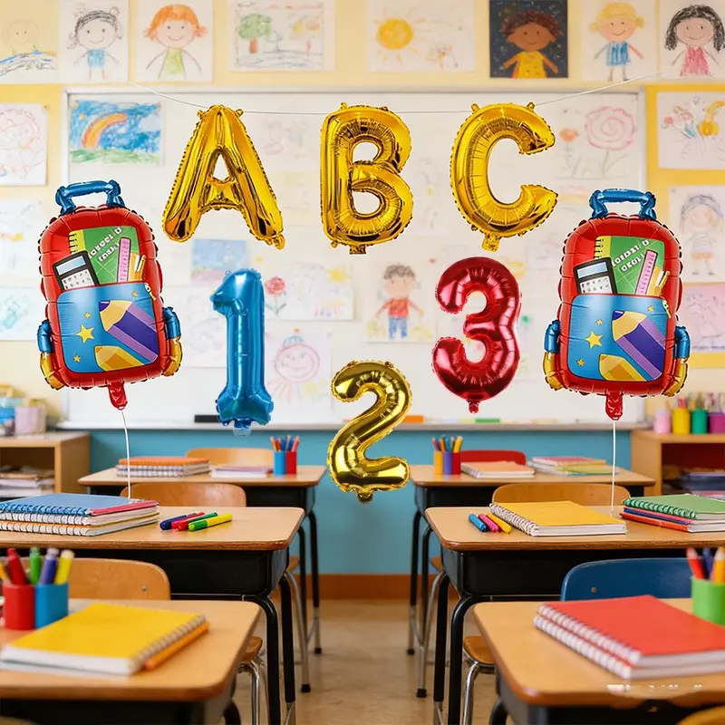 9-piece back to school party balloon set, Party Balloons Decorations, including 16 inch gold ABC letter foil balloons, 2 large backpack foil balloons, 1 roll of ribbon, number 123 suitable for back to school season, birthdays