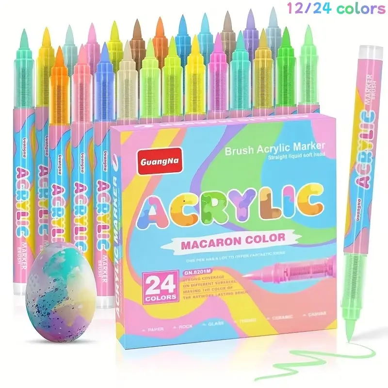 Guangna 12/24 Color Macaron Art Markers Set, Soft Tip Acrylic Paint Markers, Ideal for Drawing, Illustrations, Crafts, Multi-Use