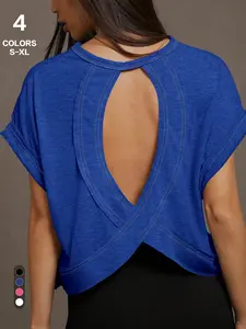 Stylish Open-Back Cropped T-Shirt, U-Shaped Cutout, Crossover Hem, Loose Fit, Drop-Shoulder, Sleeveless, Casual & Workout Top