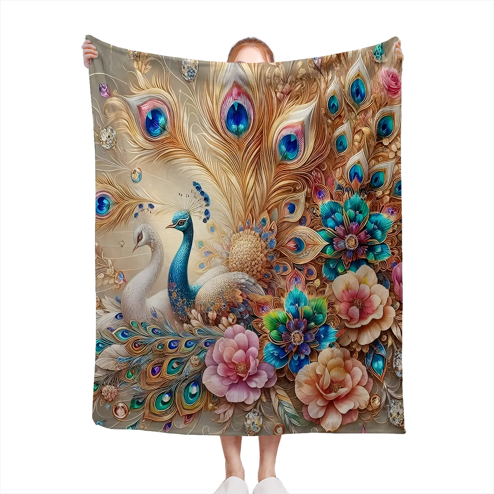Soft Cozy Throw Blanket Polyester Peacock Floral Print Digital Print Living Room Bedroom Gift For Her2607230484