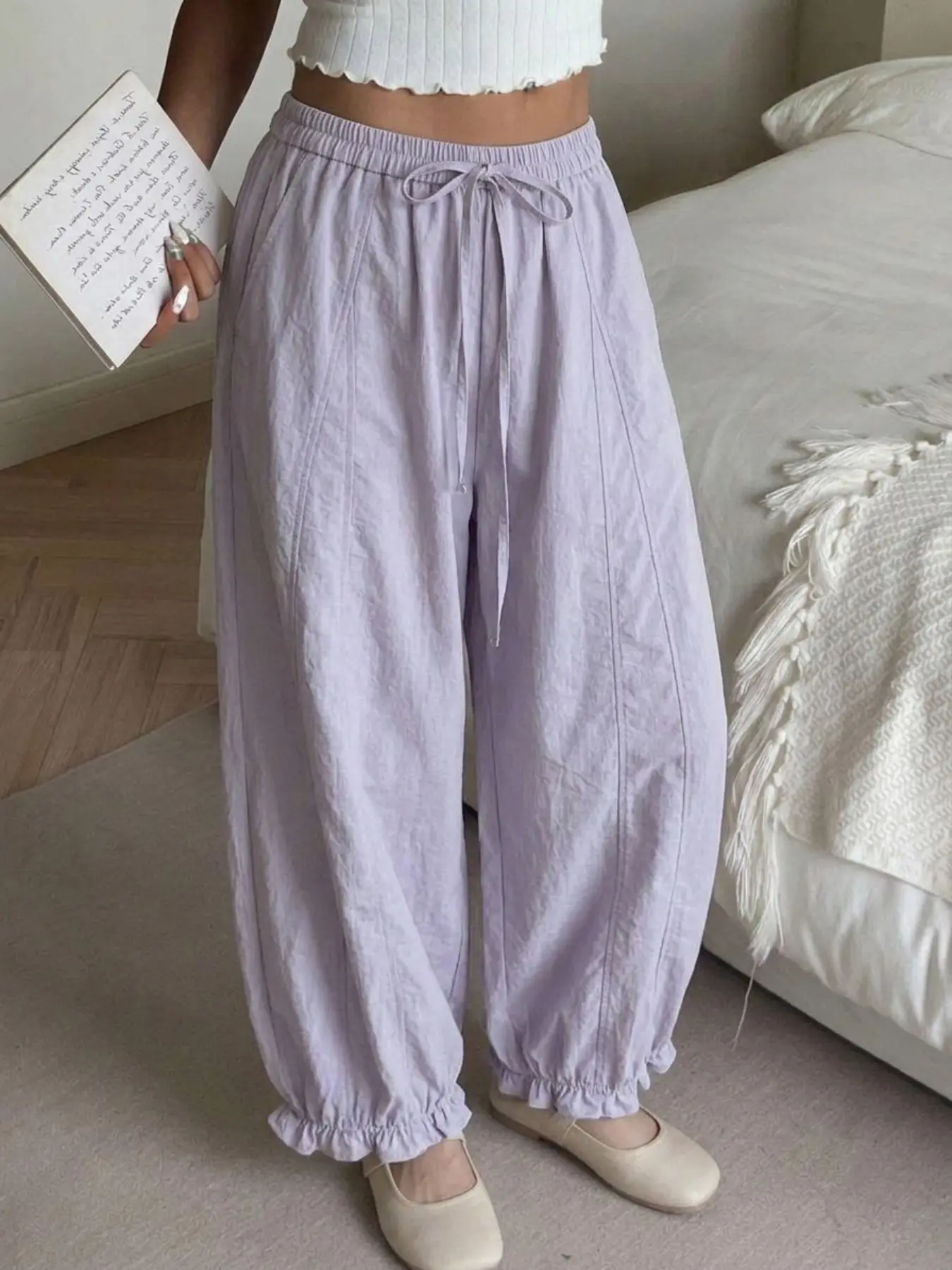 Women Vacation Casual Pants Solid Beige Elastic High Waist Self Tie Drawstring Vertical Stitching Seam Loose Fit Ruffle Frill Cuffs Lightweight Wide Leg Bubble Jogger Trousers Daily Loungewear Bottoms