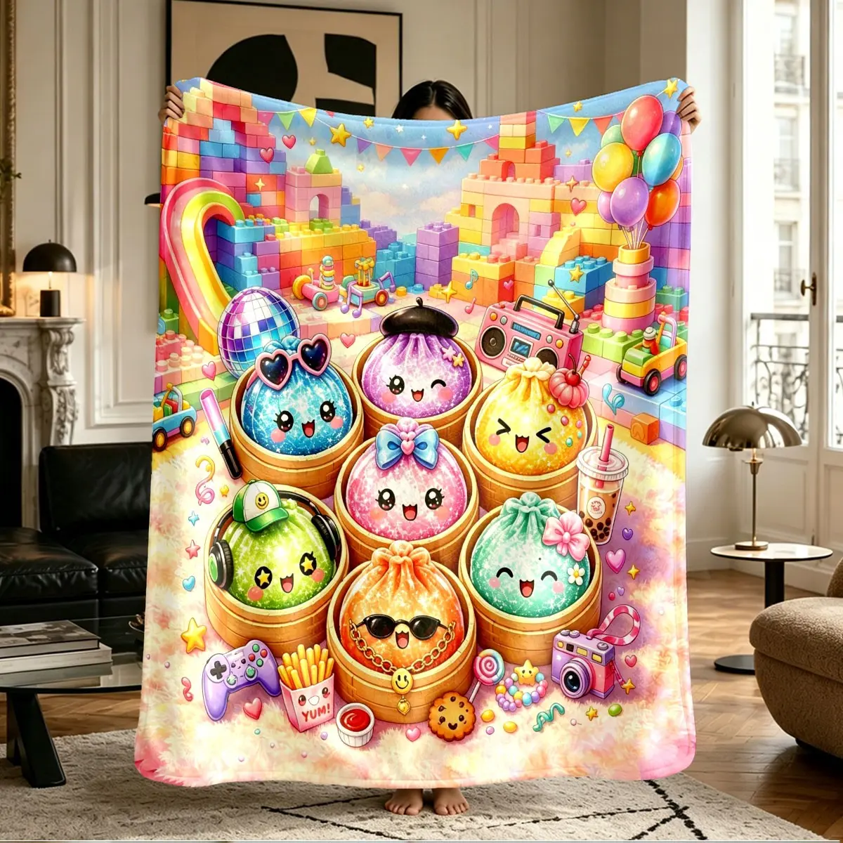 Comfortable Castle Rainbow Glitter Dumpling Print Flannel Blanket, Soft Warm Anti-Pilling, Ideal Gift for All Seasons