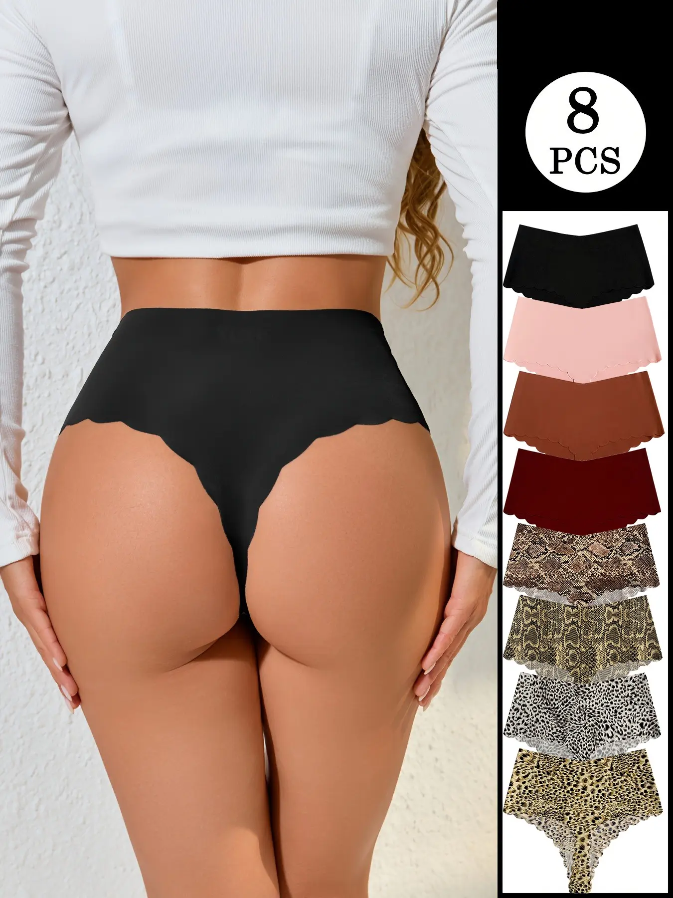 8-Pack Women's Seamless High-Waisted Thong Underwear, Elegant Soft Panty, No Visible Lines, Wave Edge Design, Soft Stretch Fabric, Elegant Style, High Waisted Panties