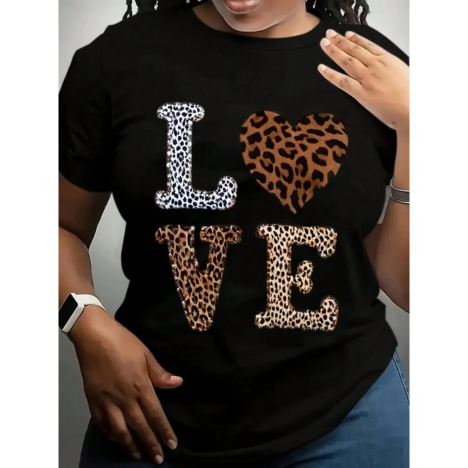 Women's Soft Fit Short-Sleeve Round Neck T-Shirt, Brown-Black Leopard Print Fabric Piece, Daily Casual Valentine's Day Sports Top, Machine Washable