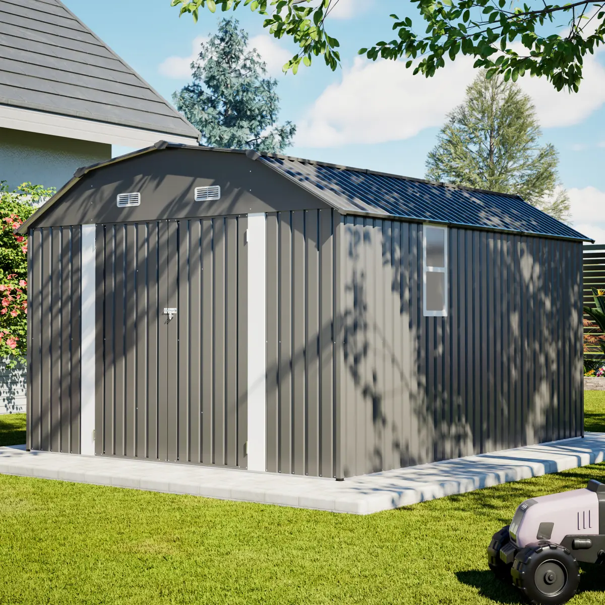 10x12 FT Gray Heavy-Duty Steel Storage Shed – Rust-Resistant Outdoor Tool Shed with Complete Floor Frame Kit, Reinforced Panels, All-Weather Garden & Equipment Storage