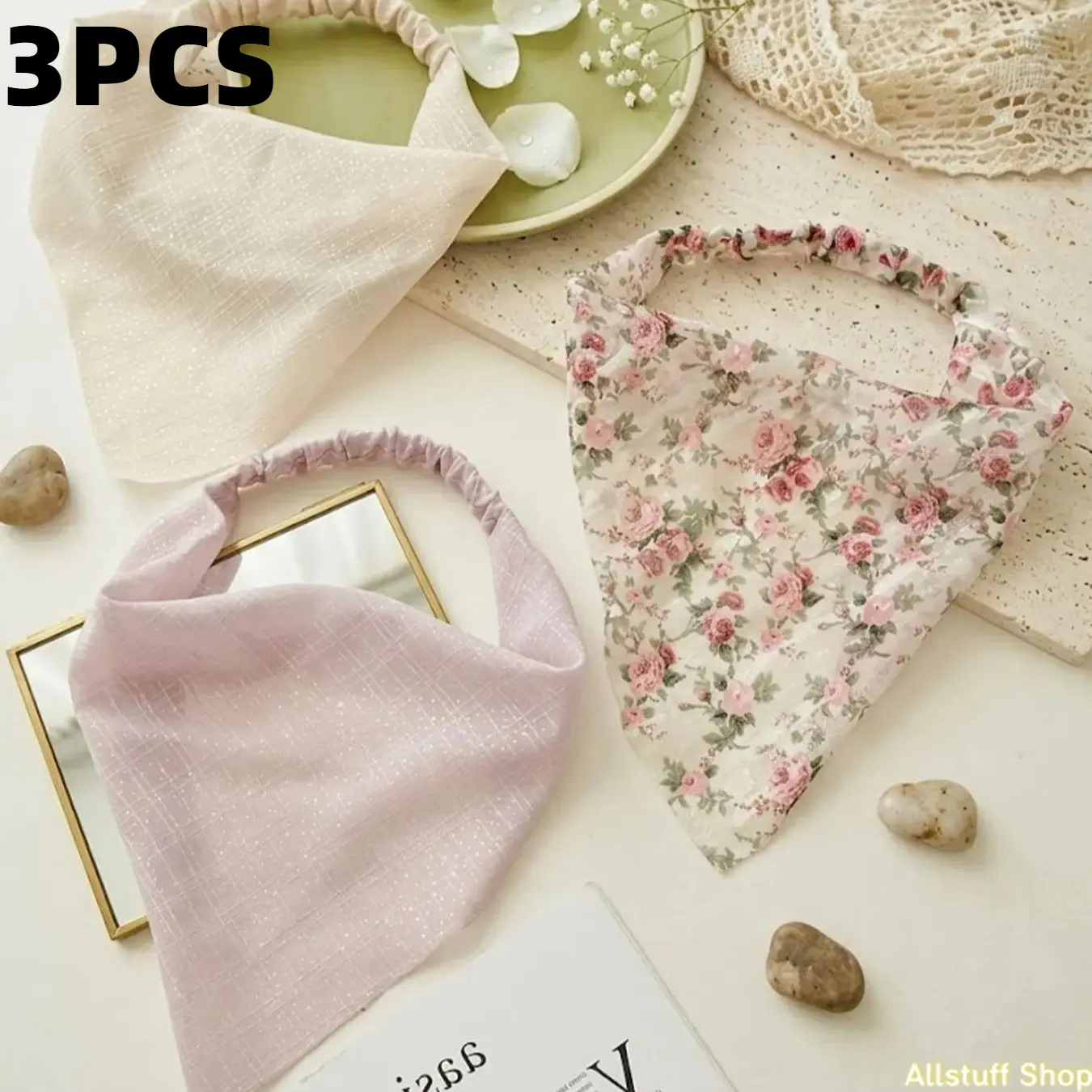 Women's 3-Piece Vintage Floral Headbands, Elastic Triangle Kerchief Set with Lace Trim for Beach Photoshoots & Outdoor Wear, Elastic Fashion Headbands, Floral Hair Accessories, Flower Headbands