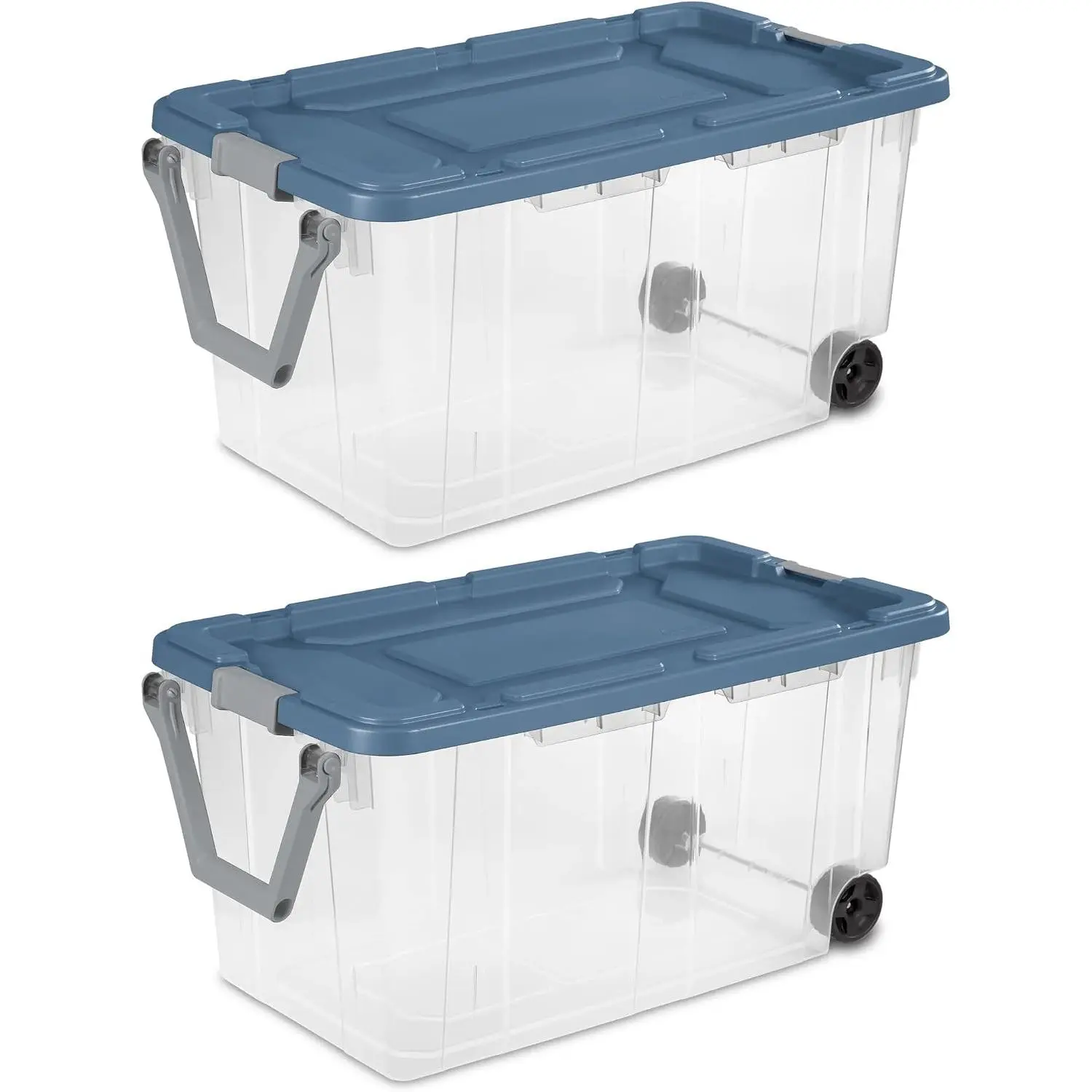 160 Quart Extra Large Clear Rolling Storage Bins 2-Pack, Blue Heavy-Duty Plastic with Locking Leakproof Lid, for Garage Basement Seasonal Storage & Transport