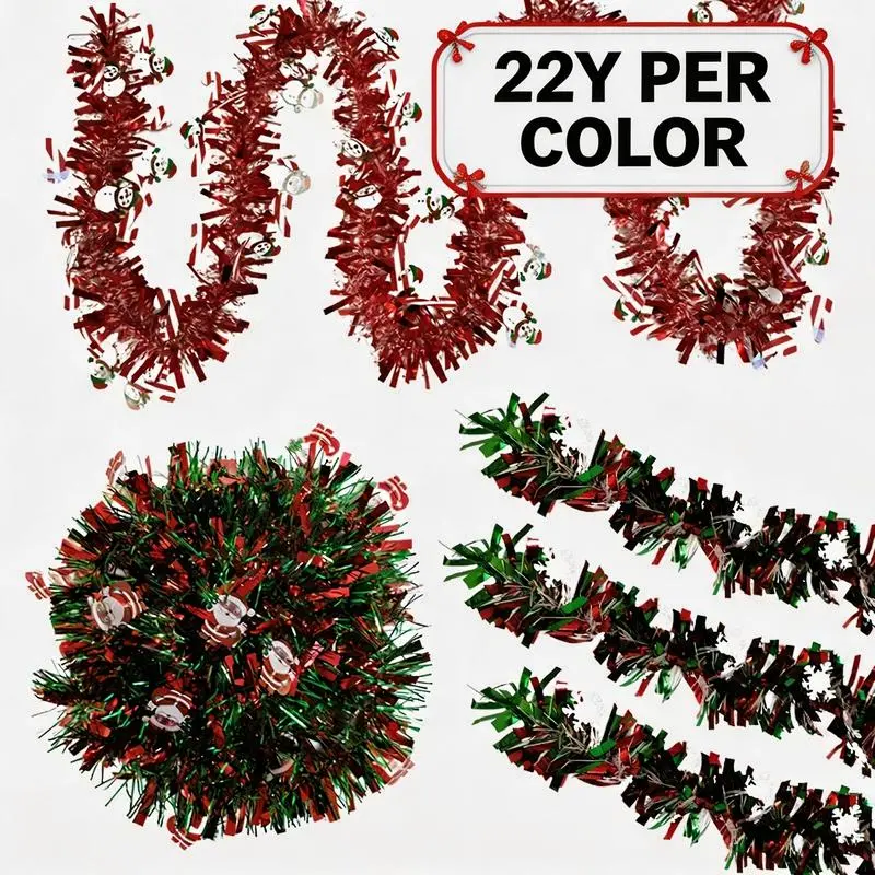22Y Thick Christmas Tinsel Garland, Hanging Ornaments with Snowflakes, Snowman, Santa & Candy Cane, Xmas Party Home Fireplace Wall Decor, Festive Holiday Decoration Supplies