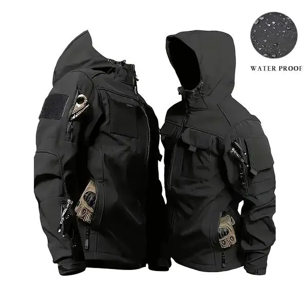 Men's All-Weather Waterproof Minimalist Casual Tactical Softshell Hooded Coat - Multiple Zippered Pockets, Military-Style Zip-Up Menswear for Hunting, Hiking
