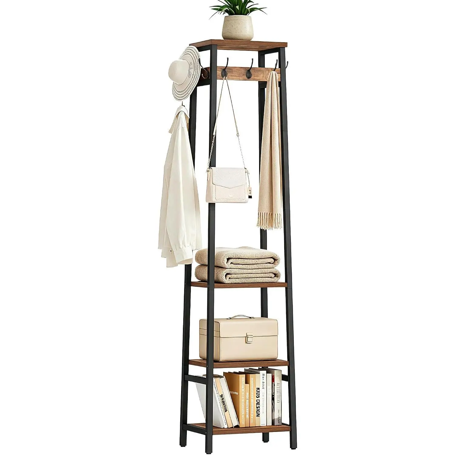 Coat Rack Freestanding with 3 Shelves and 7 Hooks | Coat Stand, Hall Tree Free Standing, Clothes Rack Stand Organizer, Industrial Style, Rustic Brown and Black