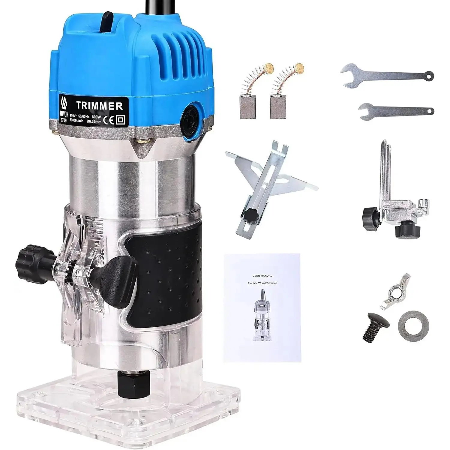 Wood, Laminate Milling Engraving Hand Machine Joiner Tool Trimmer, 800W 110V Compact Palm, Woodworking for Woodworking, Edge Guide and Roller Guide, 11 pcs