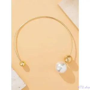 Metal Pearl Open Choker Necklace Adjustable Gold Pearl Choker Necklaces for Women Round Open Cuff Necklace Elegant Cuff Collar Necklace Statement Chain Necklace for Women Pearl Embellished Necklets Pearl Choker Jewelry
