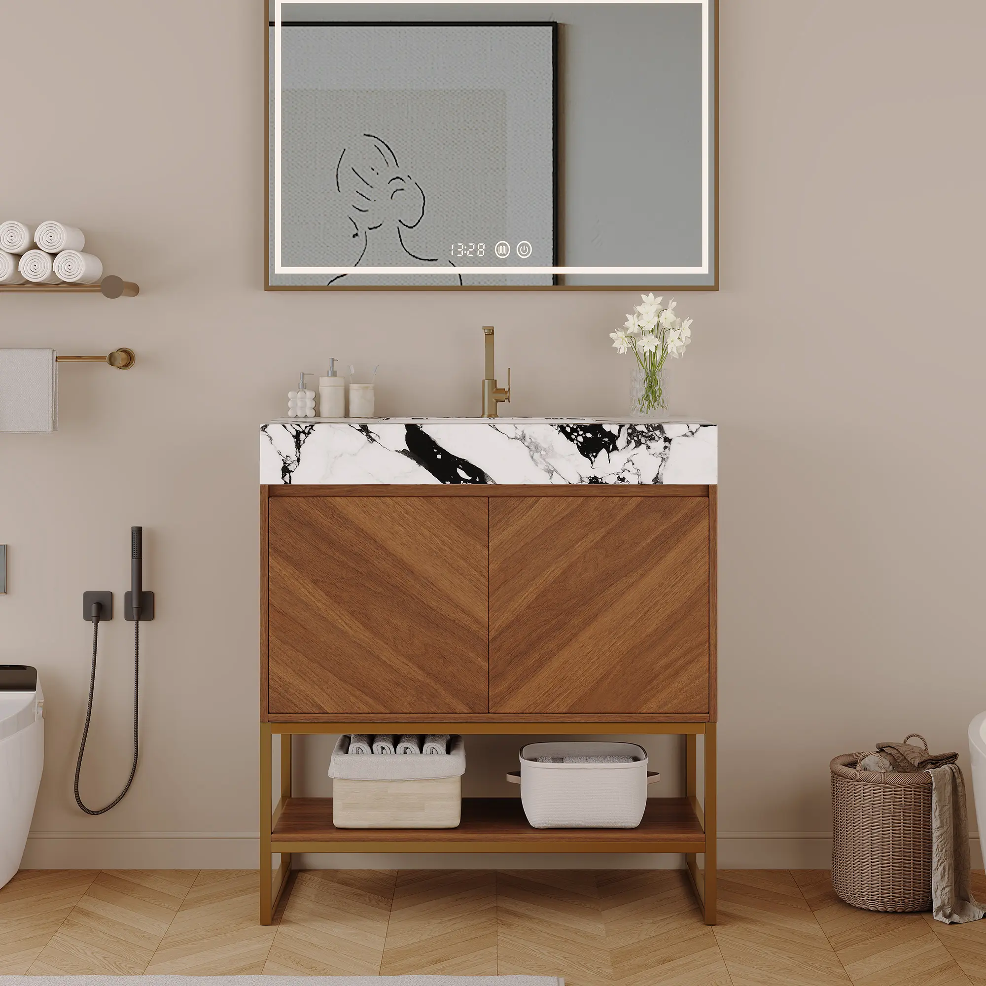 Nokaa 29.9" Freestanding Bathroom Vanity with Ceramic Sink, Brown Oak Finish, Soft-Close Doors, Sintered Stone Countertop, Open Shelf, Floor Cabinet for Small Bathroom, Powder Room, Apartment, Walnut/White
