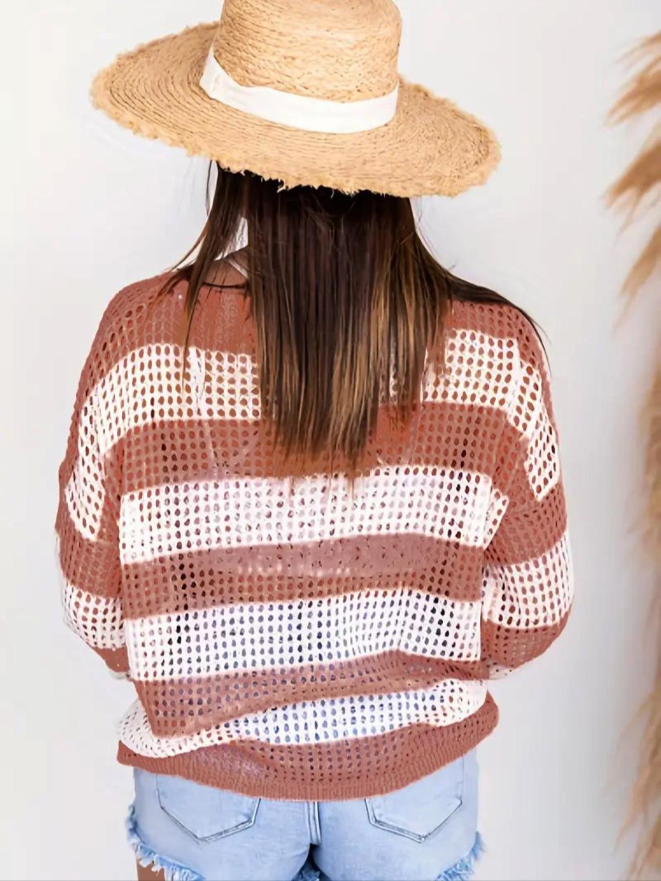 Women's Striped Print Hollow Out Sheer Drop Shoulder Sweater, Casual Long Sleeve Boat Neck Jumper for Spring & Fall, Fashion Women's Knitwear for Daily Wear