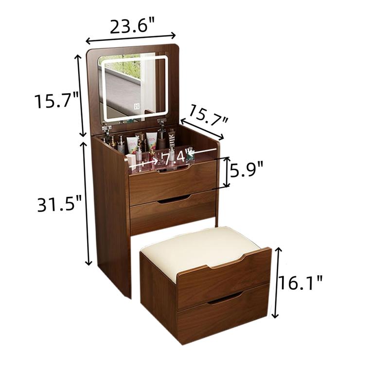 3 in 1 Vanity Desk with Plip Top Mirror, Small Make Up Vanity Set with Visible Glass Desktop, Compact Makeup Vanity with 3 Drawers, Cushioned Tool, Dressing Table for Bedroom